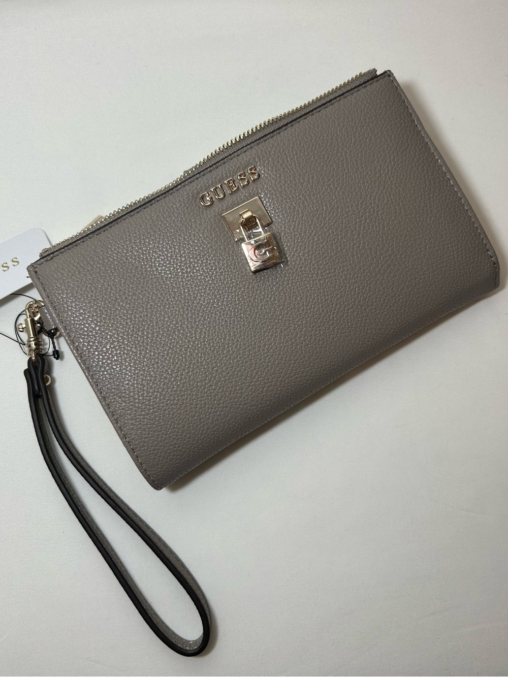 GUESS Taupe/Gray Pebbled Leather Wristlet Clutch with Gold Hardware